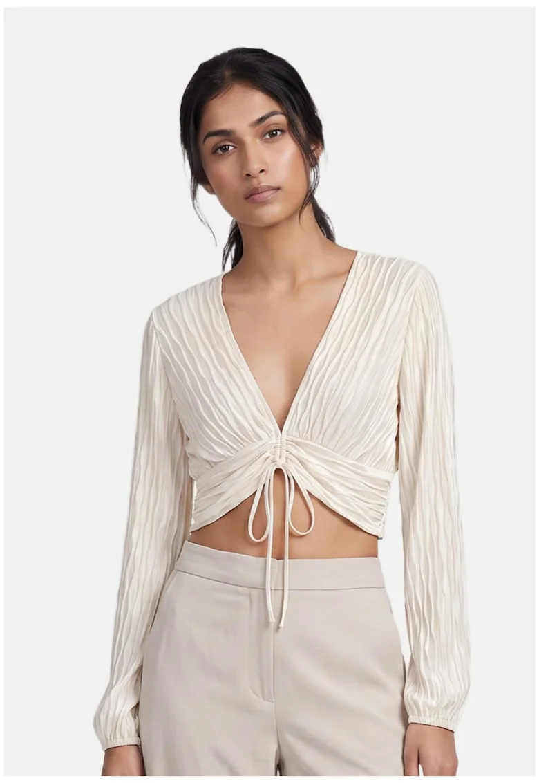 Bluza crop cu decolteu in V si snururi, Alb