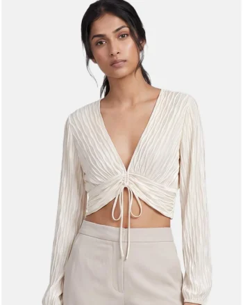 Bluza crop cu decolteu in V si snururi, Alb