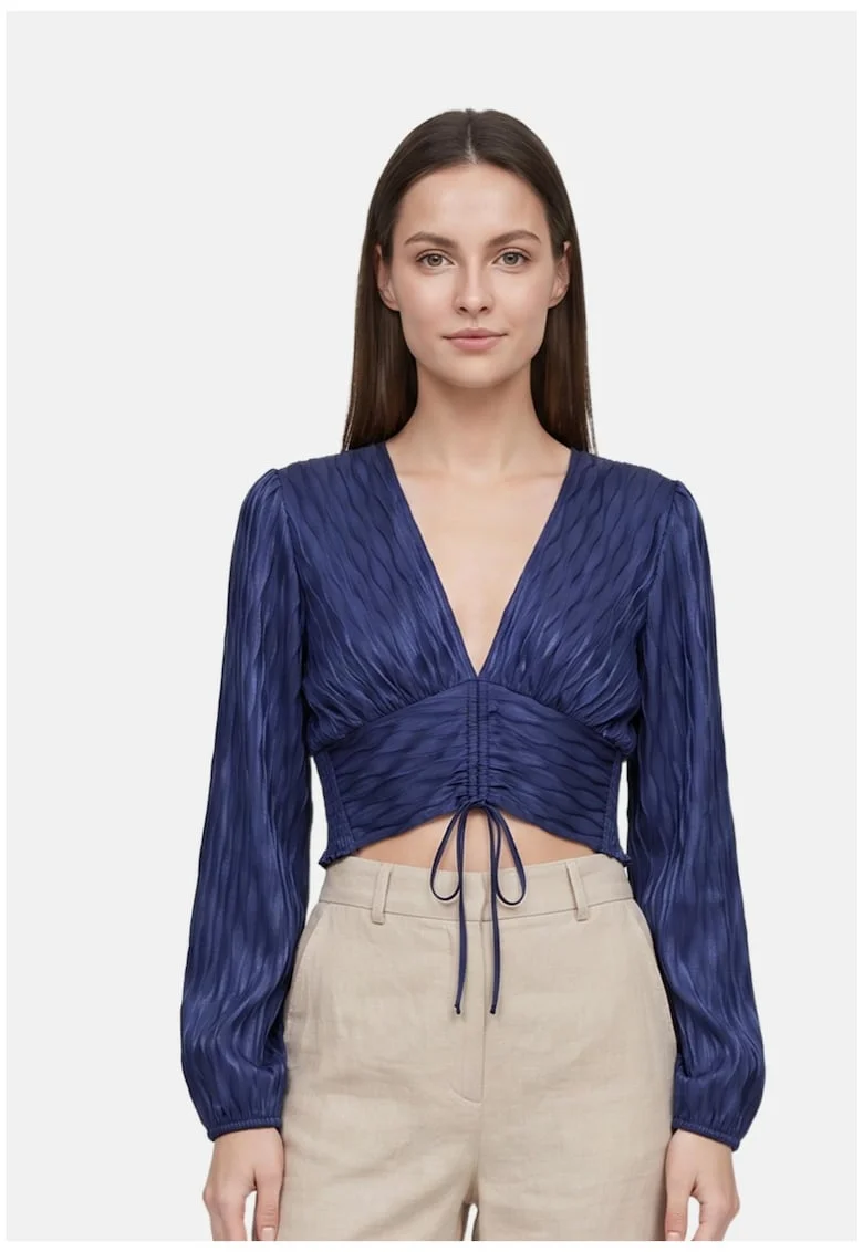 Bluza crop cu decolteu in V si snururi, Albastru inchis