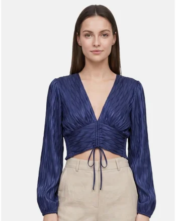 Bluza crop cu decolteu in V si snururi, Albastru inchis