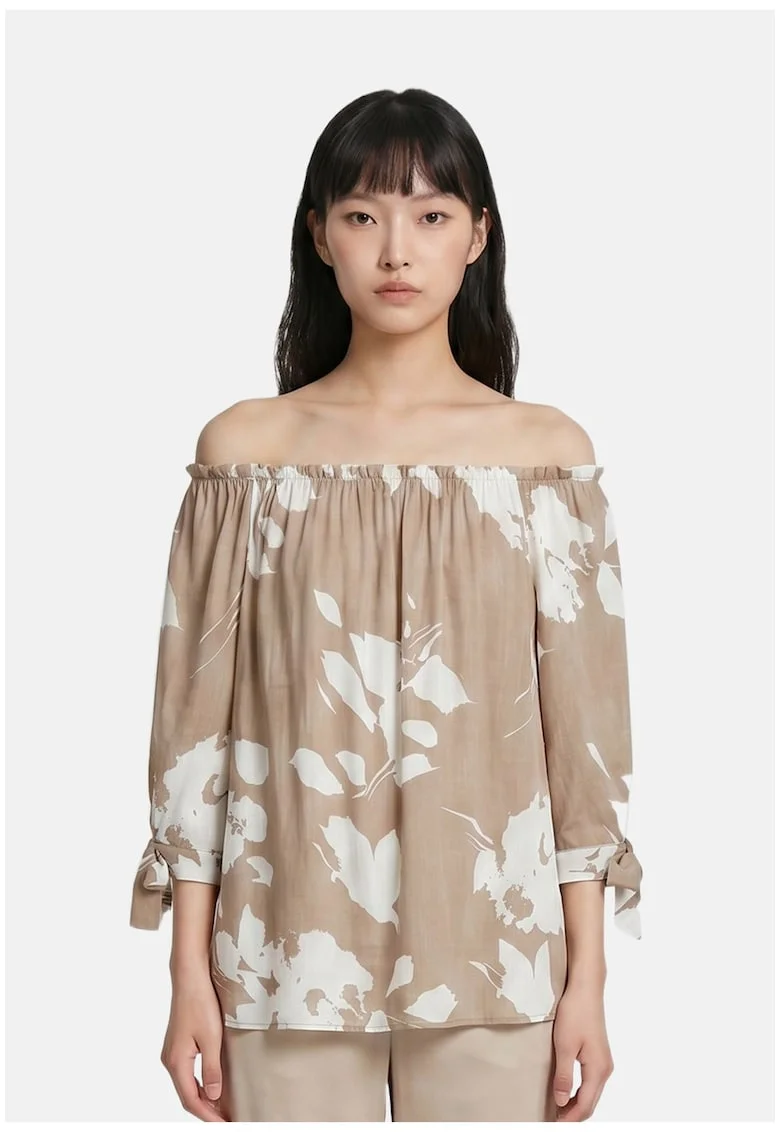 Bluza cu decolteu pe umeri si maneci trei sferturi, Maro taupe