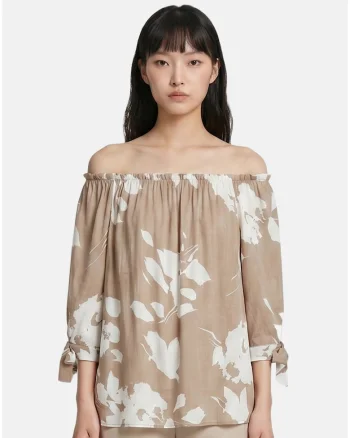 Bluza cu decolteu pe umeri si maneci trei sferturi, Maro taupe