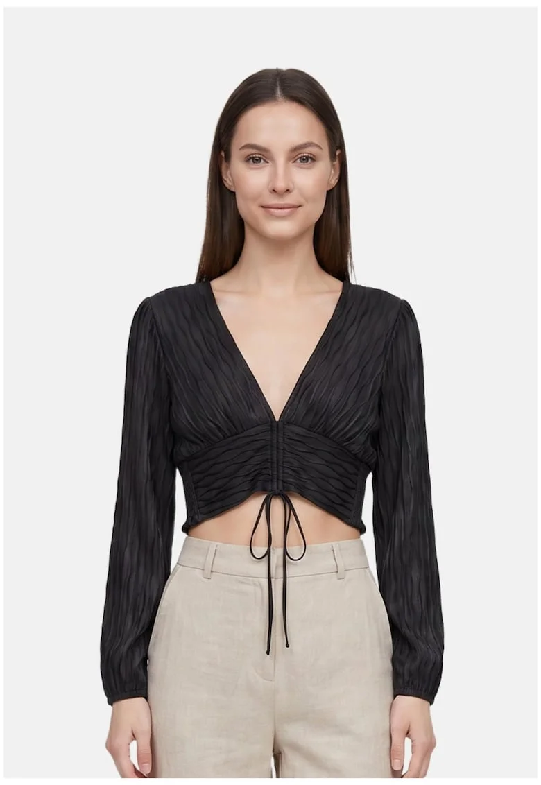 Bluza crop cu decolteu in V si snururi, Negru