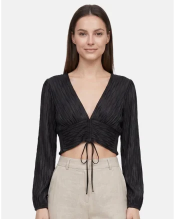 Bluza crop cu decolteu in V si snururi, Negru