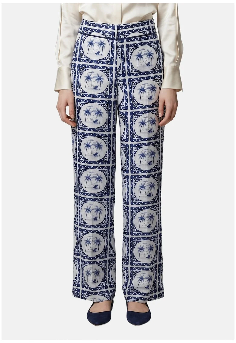 Pantaloni cu croiala dreapta si modele variate, Albastru inchis/Crem