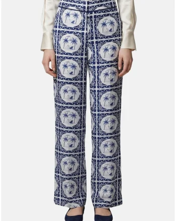 Pantaloni cu croiala dreapta si modele variate, Albastru inchis/Crem