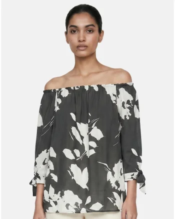 Bluza cu decolteu pe umeri si maneci trei sferturi, Verde inchis