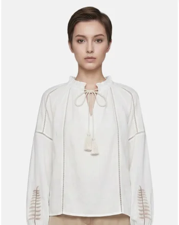 Bluza-tunica cu detalii cu perforatii si broderie, Alb