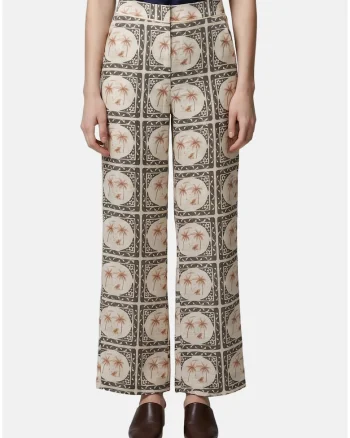 Pantaloni cu croiala dreapta si modele variate, Verde masliniu/Crem