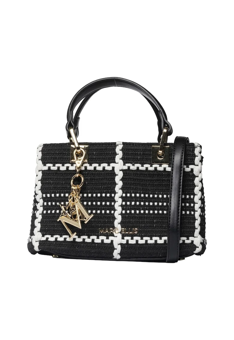 Geanta cu aspect tesut, maner si accesoriu logo, Negru