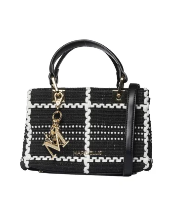Geanta cu aspect tesut, maner si accesoriu logo, Negru