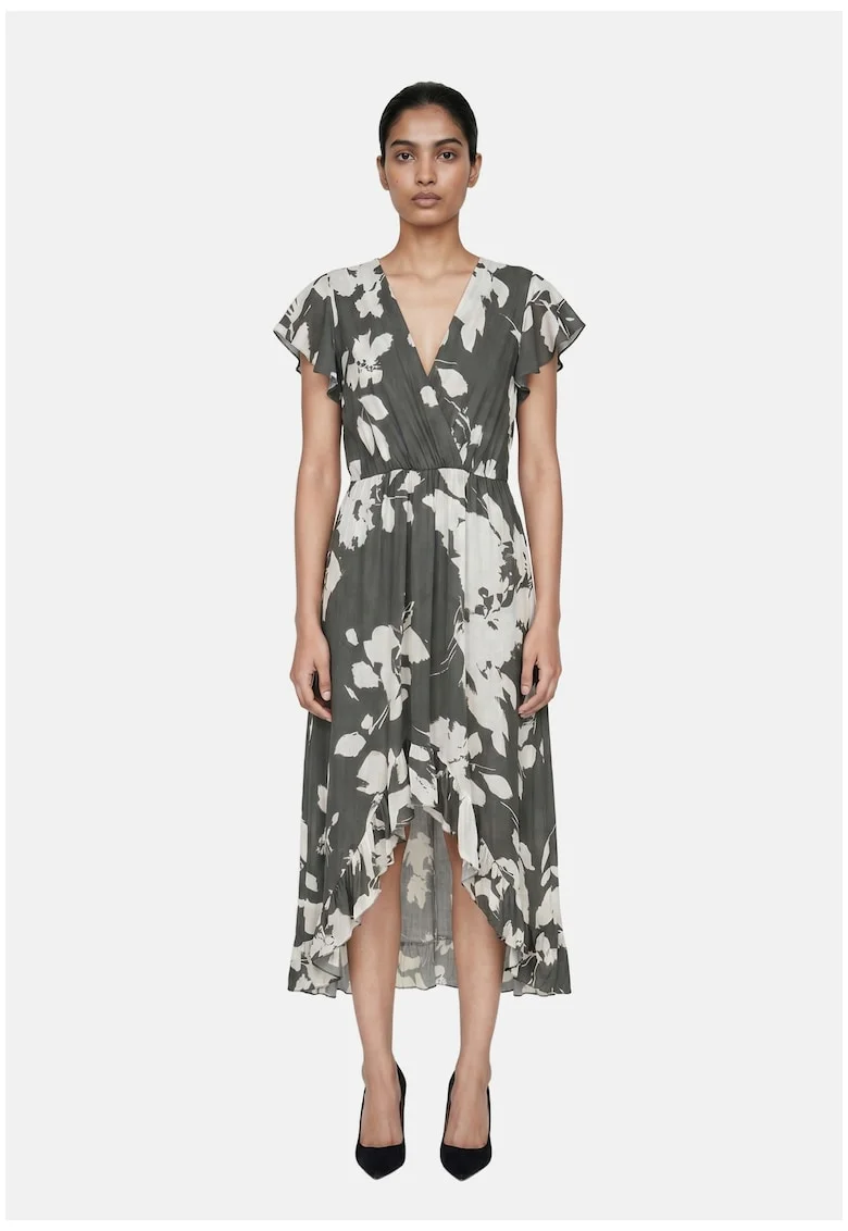 Rochie cu volane si model floral, Verde inchis