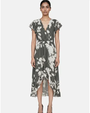 Rochie cu volane si model floral, Verde inchis