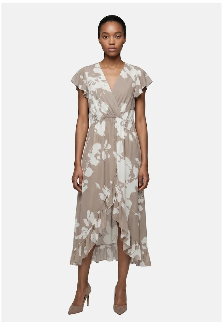Rochie cu volane si model floral, Maro taupe deschis