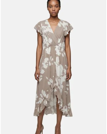 Rochie cu volane si model floral, Maro taupe deschis