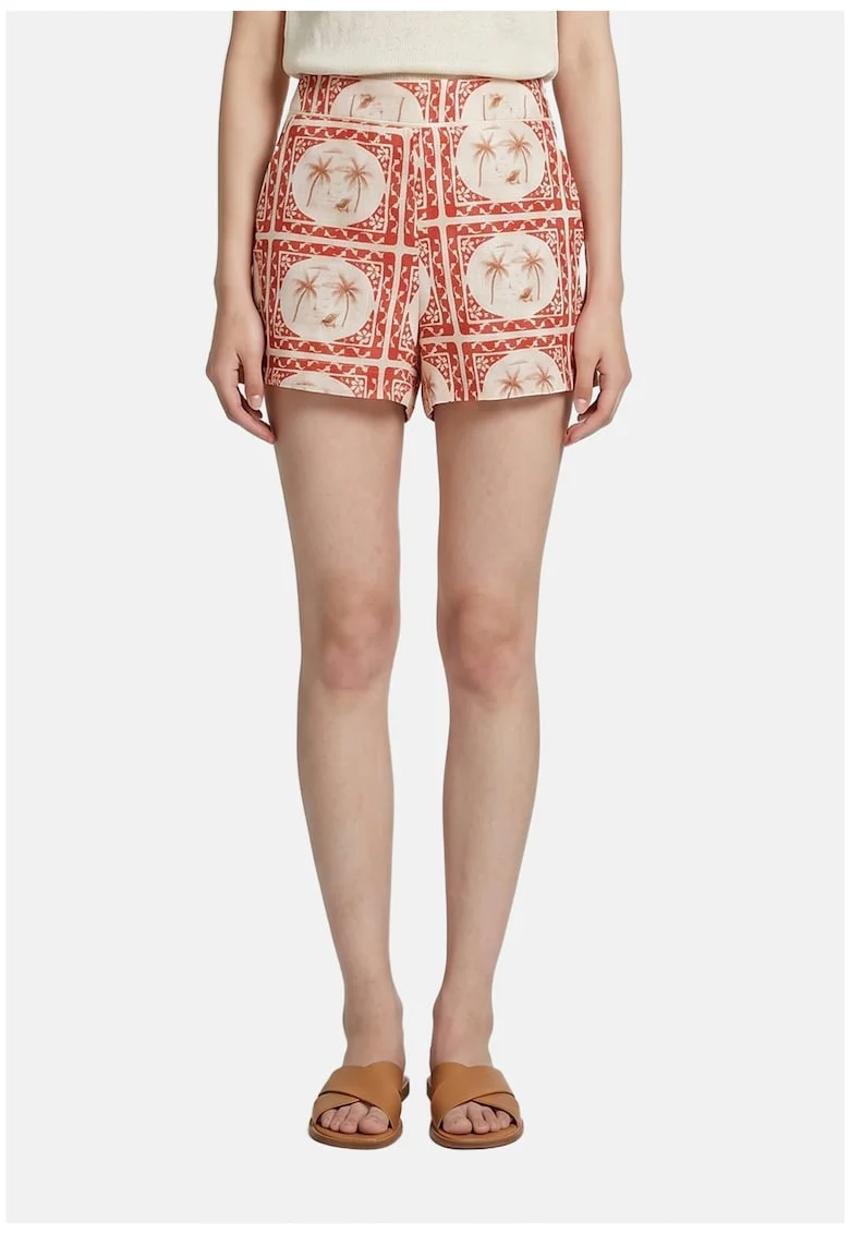 Pantaloni scurti cu model si talie elastica, Rosu/Ecru