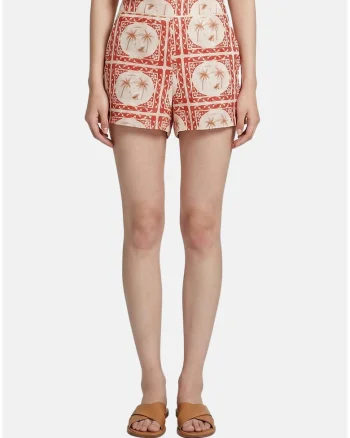 Pantaloni scurti cu model si talie elastica, Rosu/Ecru