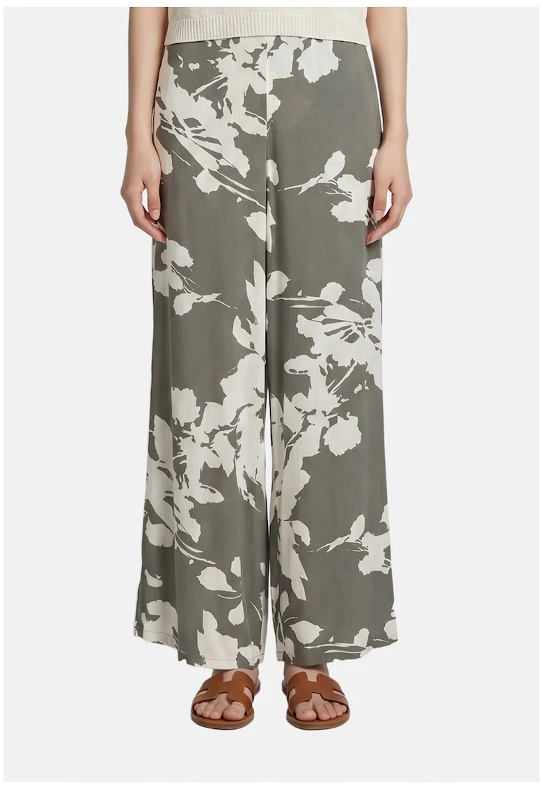 Pantaloni cu croiala ampla si model floral, Ecru/Verde masliniu