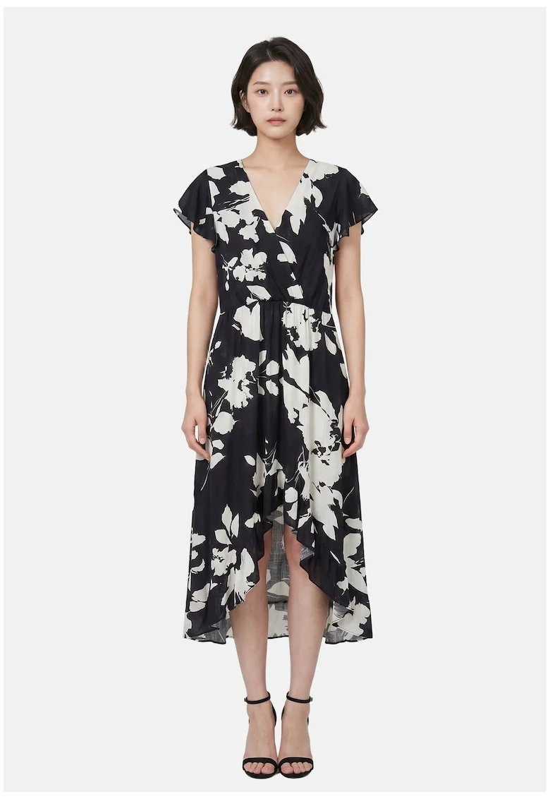 Rochie cu volane si model floral, Negru