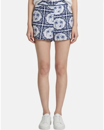 Pantaloni scurti cu model si talie elastica, Ecru/Albastru
