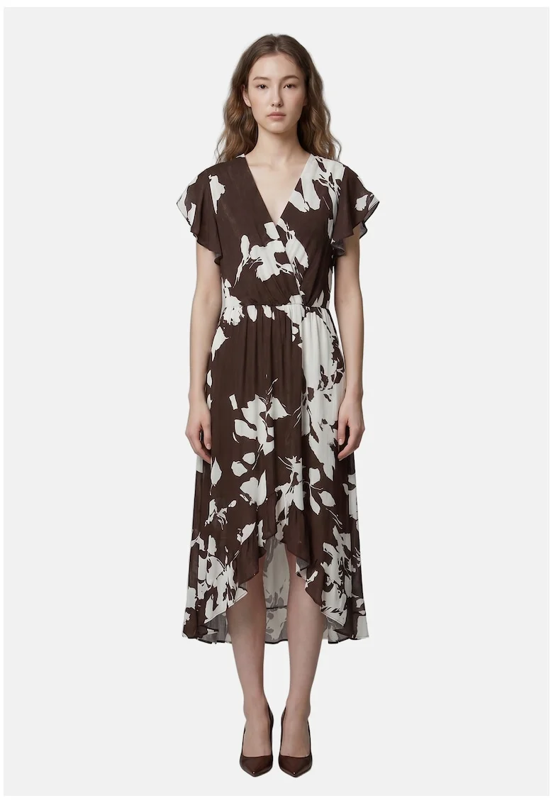 Rochie cu volane si model floral, Maro inchis