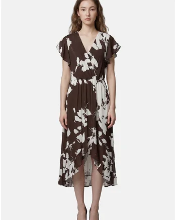 Rochie cu volane si model floral, Maro inchis