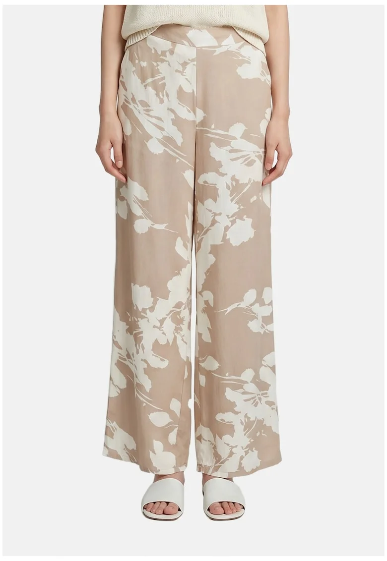 Pantaloni cu croiala ampla si model floral, Maro deschis