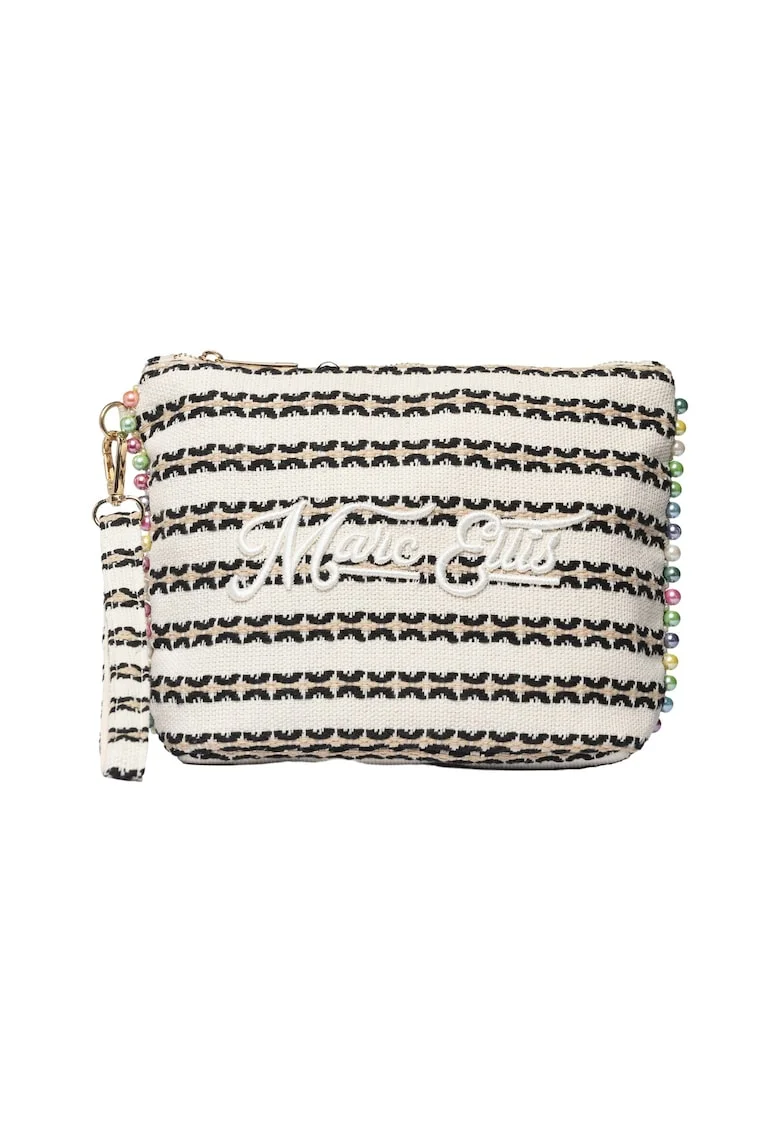 Geanta-etui din material textil cu logo brodat, Negru/Bej deschis
