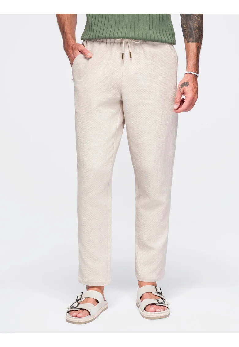 Pantaloni barbati cu croi regulat, talie elastica si ajustabila, din bumbac OM-PACP-0310, Alb murdar,