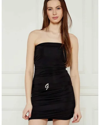 Rochie tubulara drapata cu detaliu metalic cu monograma, Negru