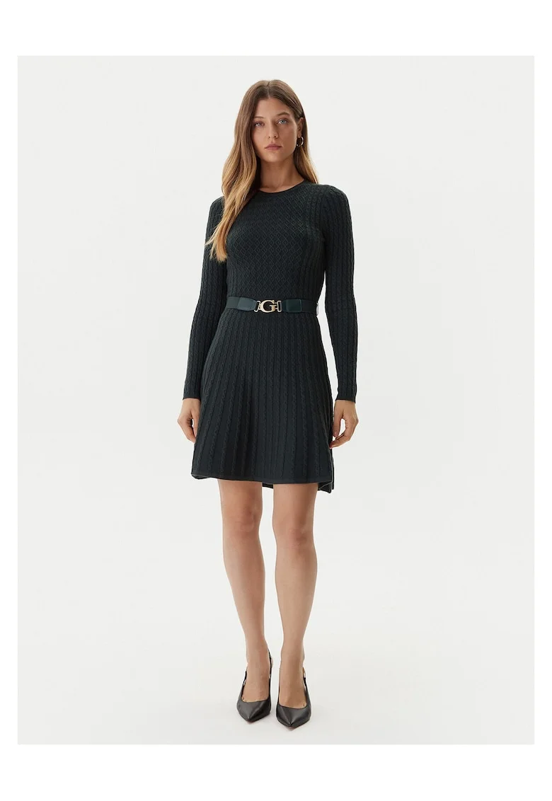 Rochie evazata tricotata cu o curea in talie, Verde