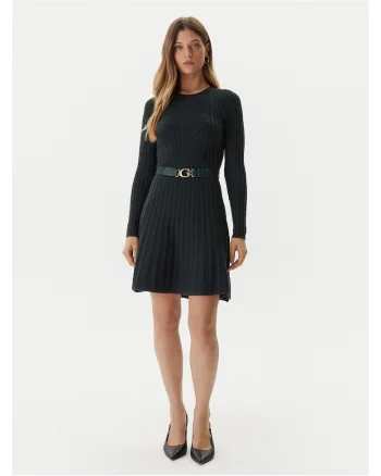 Rochie evazata tricotata cu o curea in talie, Verde
