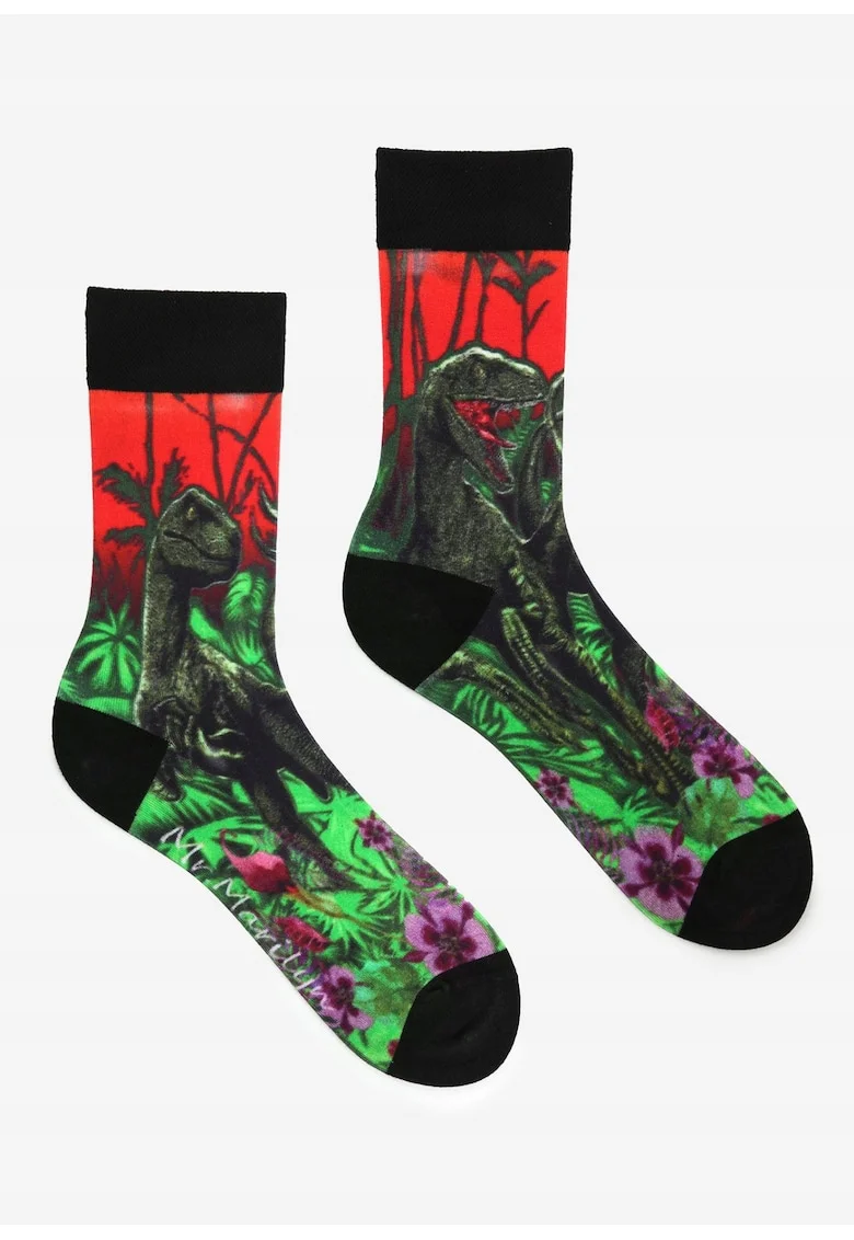 Sosete barbati,  Model dinozaur, Bumbac/Poliamida/Elastan, Rosu/Verde,