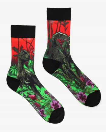 Sosete barbati,  Model dinozaur, Bumbac/Poliamida/Elastan, Rosu/Verde,