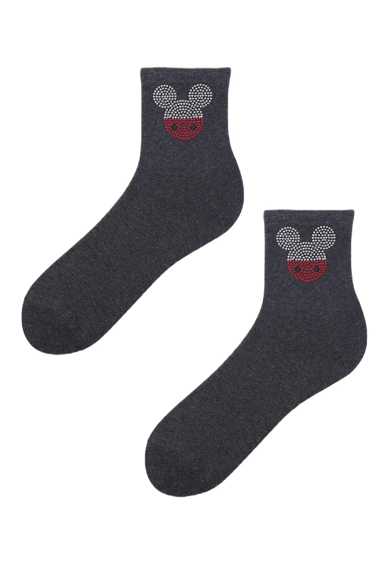 Sosete cu model Mickey Mouse,  Bumbac, Gri inchis, Marime universala