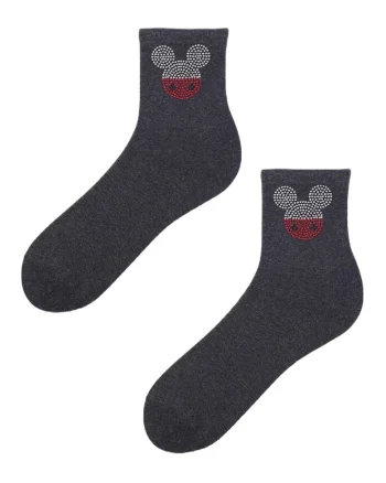 Sosete cu model Mickey Mouse,  Bumbac, Gri inchis, Marime universala