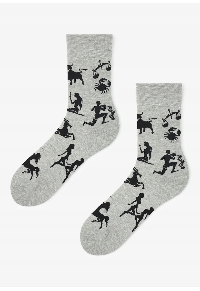 Sosete lungi barbati,  Model zodiac, Bumbac/Poliamida, Negru/Gri