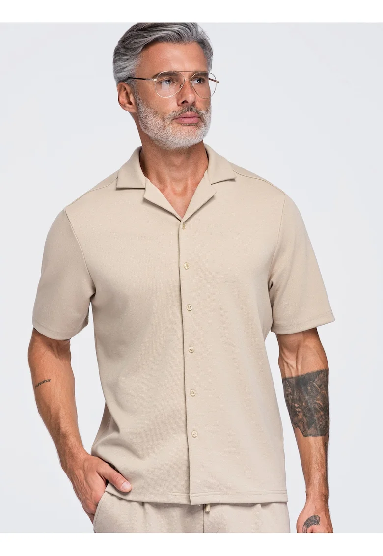 Camasa barbati boxy fit cu guler cubano din material piqué OM-SHCS-0220, Bej