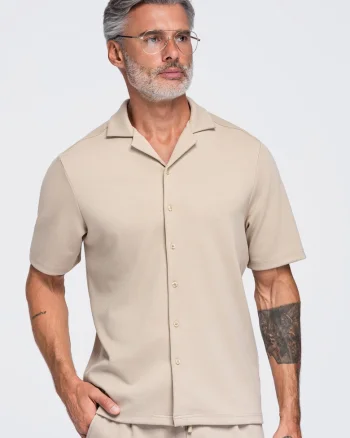 Camasa barbati boxy fit cu guler cubano din material piqué OM-SHCS-0220, Bej