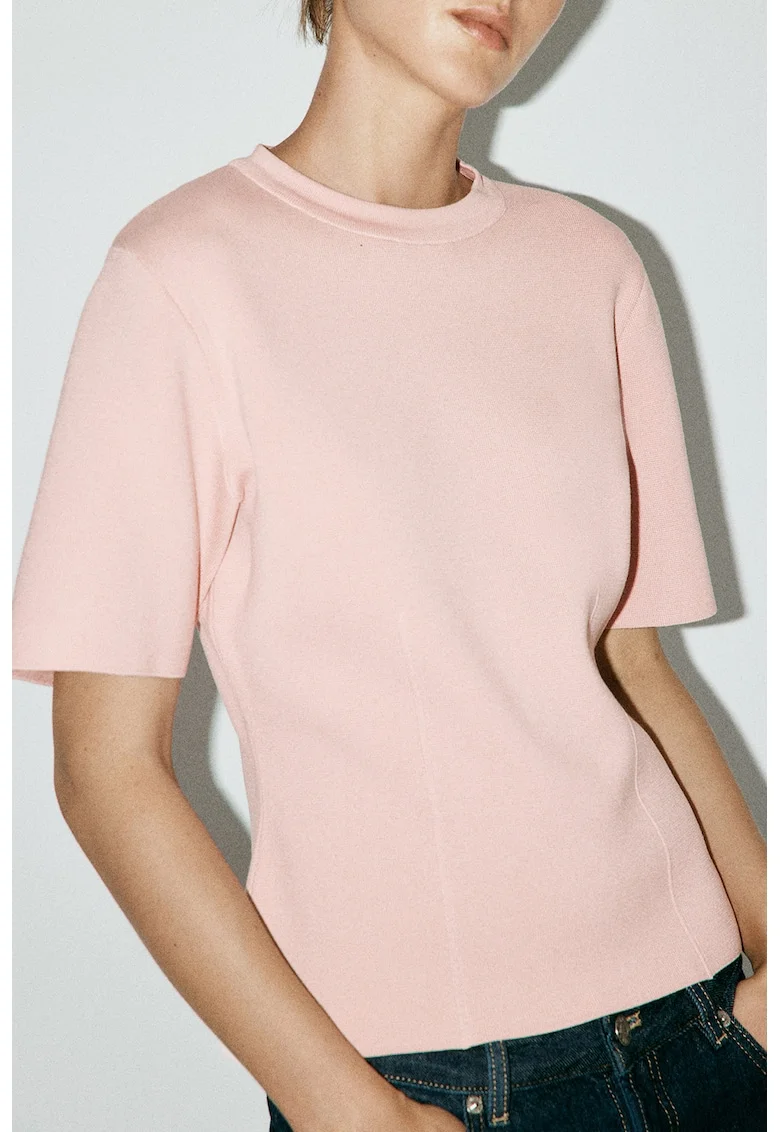 Pulover tricotat fin cu maneci scurte, Nude rose