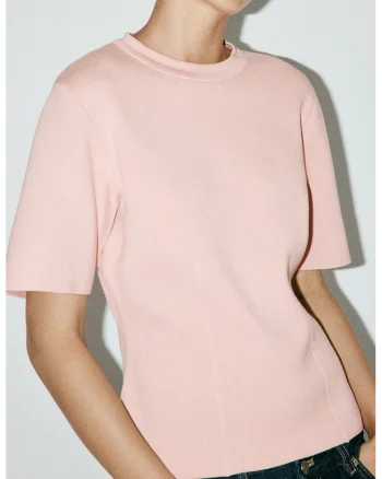 Pulover tricotat fin cu maneci scurte, Nude rose