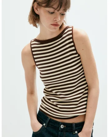 Top uni striat cu decolteu barcuta, Maro/Bej