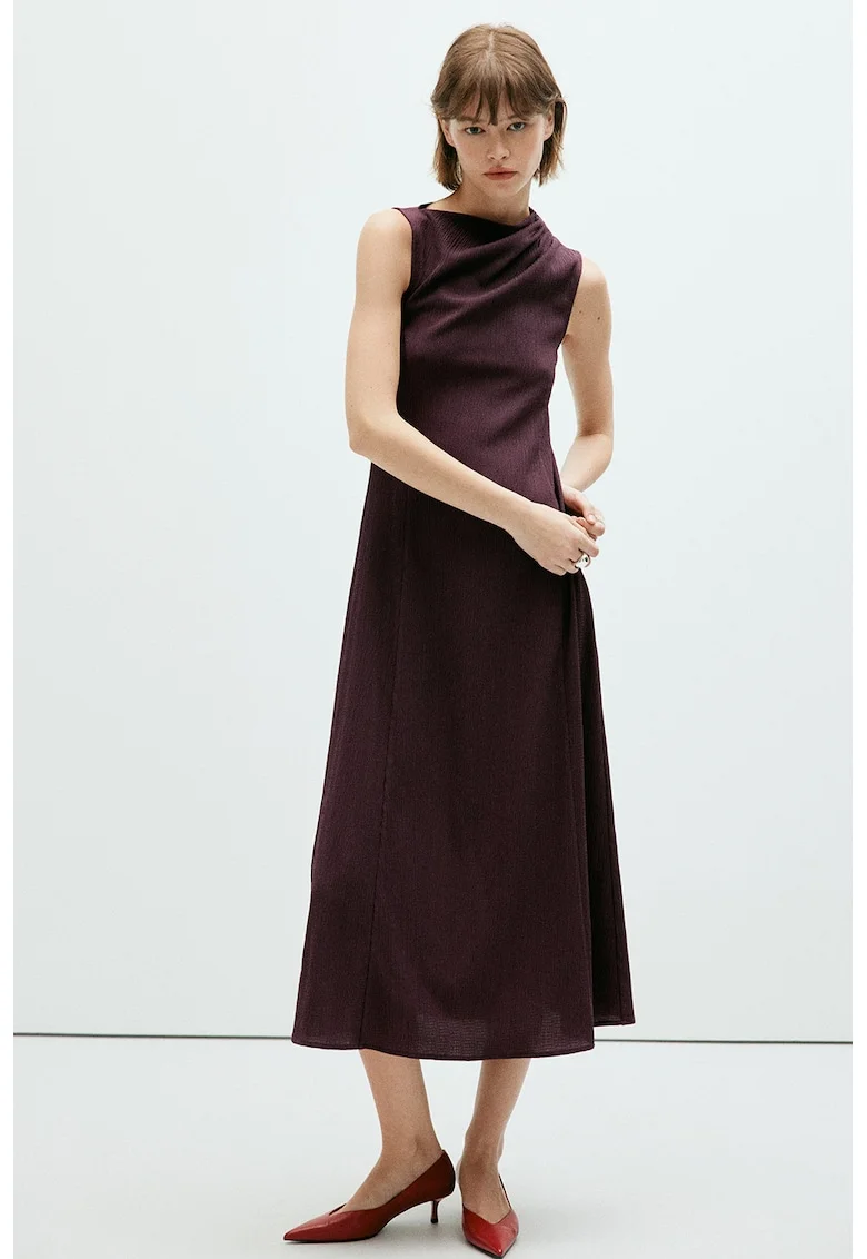 Rochie evazata fara maneci cu aspect texturat, Violet pruna