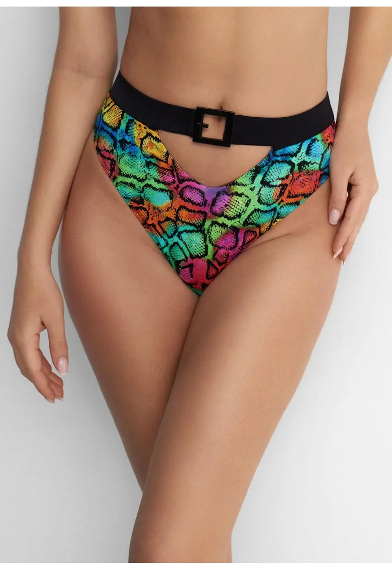 Slip de baie cu talie inalta, cu catarama decorativa, Bahamas High Crazy Python,  poliamida/elastan, multicolor, Multicolor