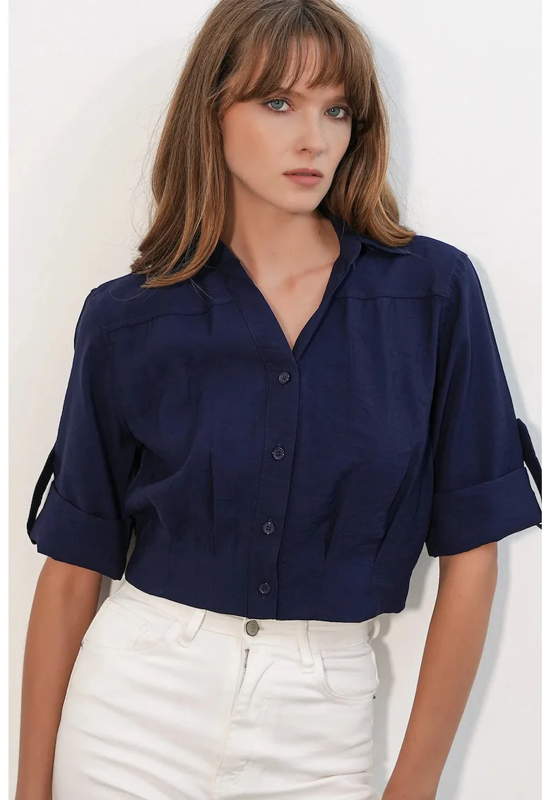 Camasa crop,  supradimensionata, albastru, amestec de viscoza si nailon
