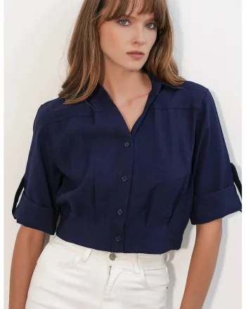 Camasa crop,  supradimensionata, albastru, amestec de viscoza si nailon