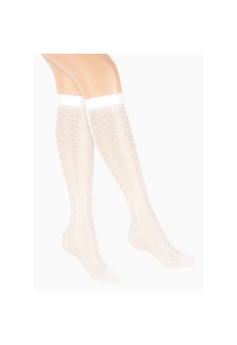 Ciorapi scurti pentru copii, model  Cindy, cu tesatura jacquard, cu banda elastica lata, 15 den, marime unica, alb