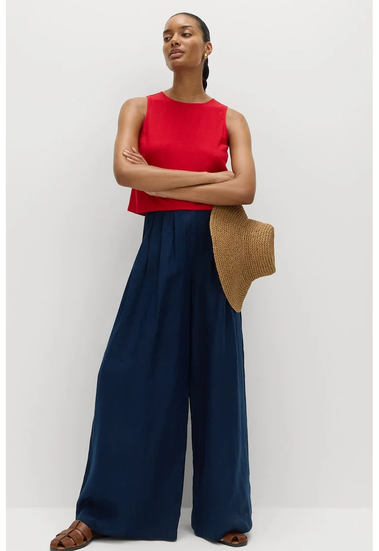 Pantaloni din in cu croiala ampla si pliuri inversate, Bleumarin