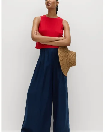 Pantaloni din in cu croiala ampla si pliuri inversate, Bleumarin