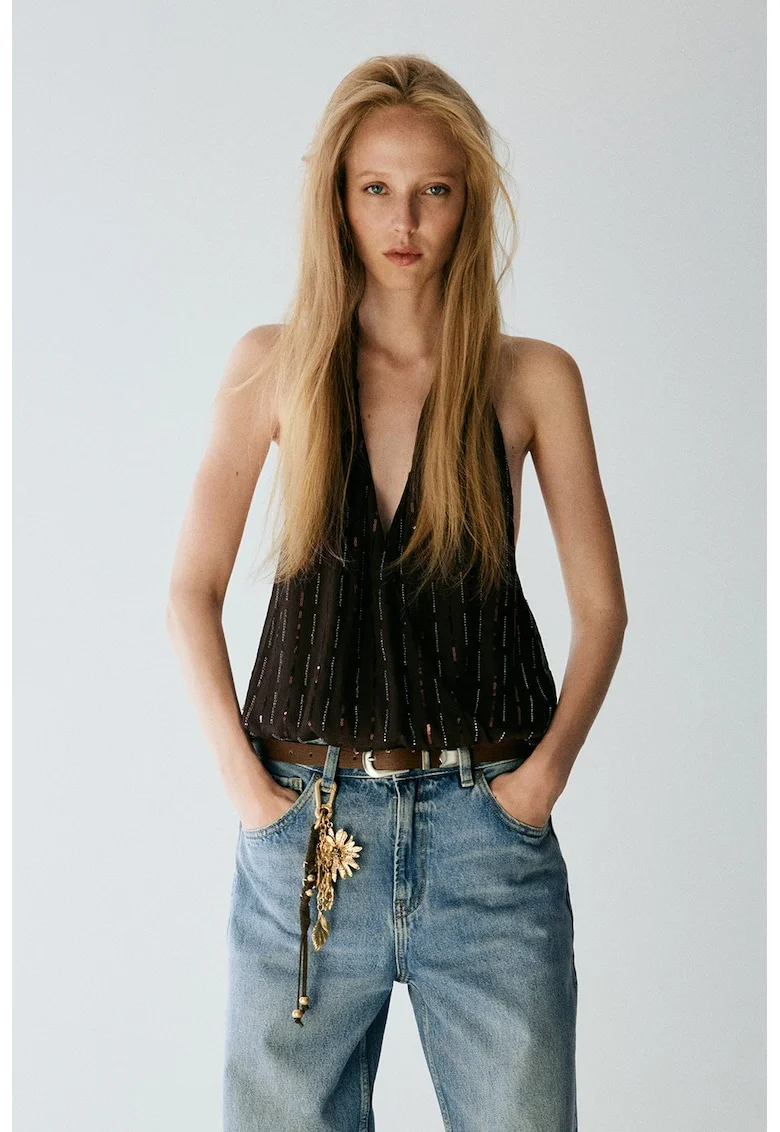 Top halter cu paiete, Maro inchis